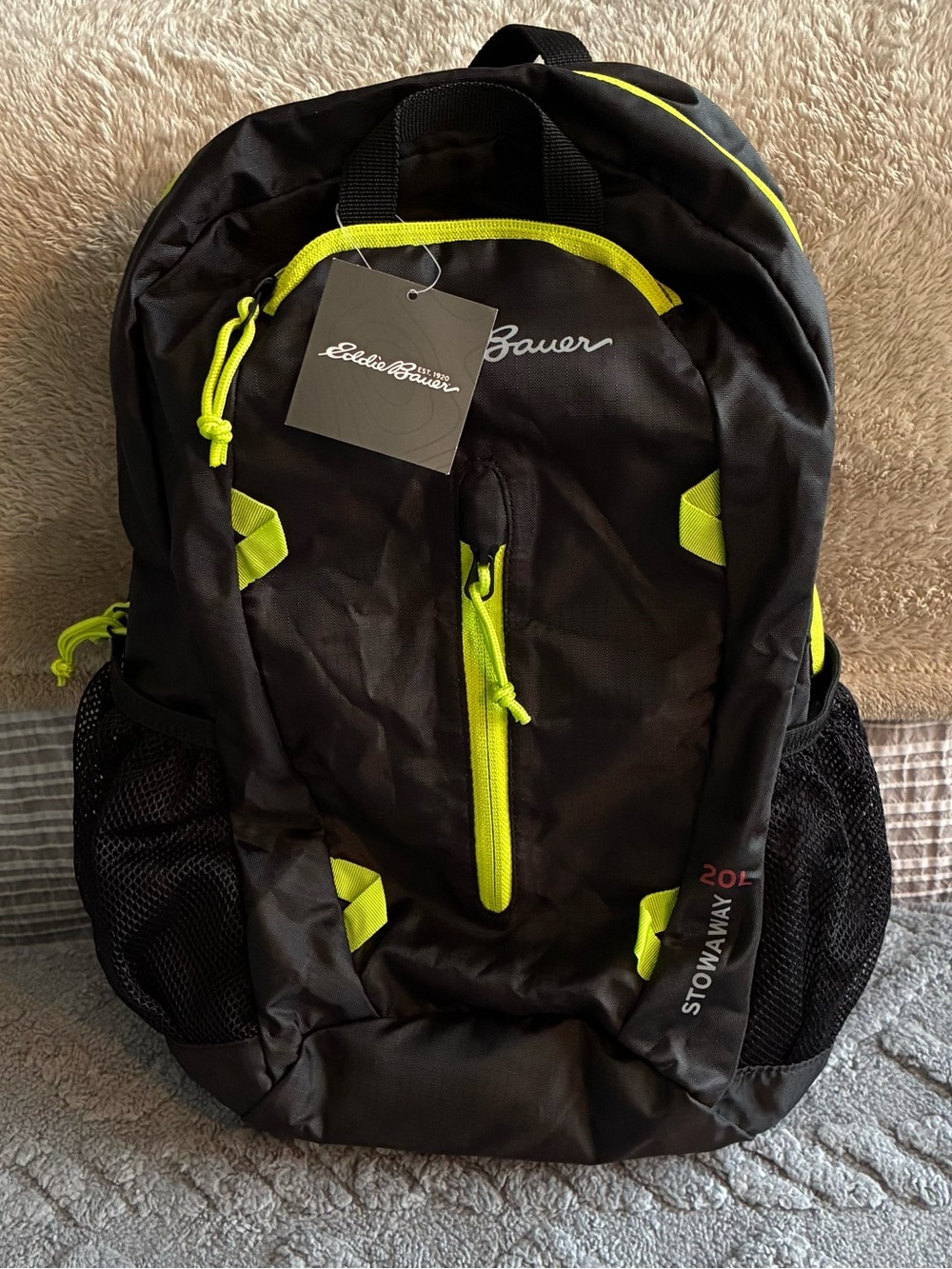 Eddie Bauer Stowaway 20L Packable Backpack Black Neon Green NWT Travel Daypack